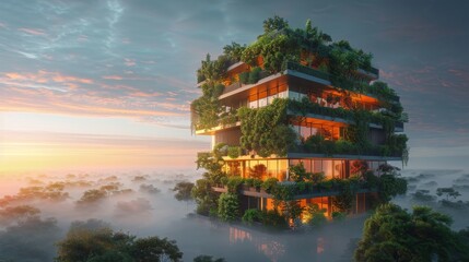 Obraz premium Futuristic green skyscraper covered in plants and vegetation with a beautiful sunset in the background