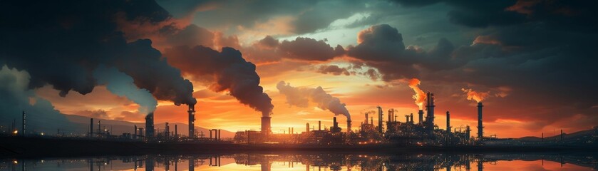 Dramatic sunset over an oil refinery with silhouette of towering structures and smoke plumes, symbolizing energy production and environmental concerns , technology,finance,fusion