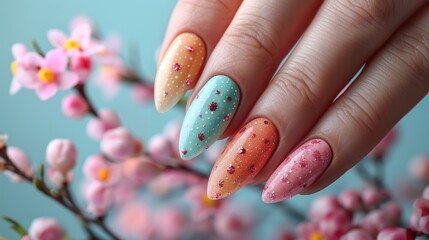Female hands with beautiful Easter inspired pastel colors nail design on long almond form nails.
