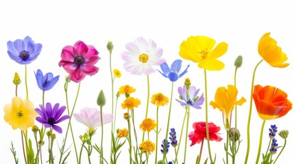Colorful Array of Wildflowers on a Bright White Background - obrazy, fototapety, plakaty