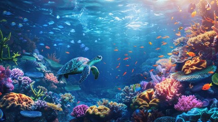 An underwater scene bursting with vibrant coral reefs and diverse marine life including turtles and fish.