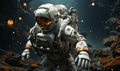 Astronaut in Space Suit Walking Through Cave