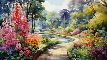 Botanical garden in full bloom, depicted in a lush watercolor style, vibrant with life and color , up32K HD