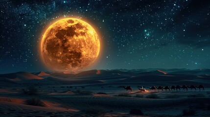A caravan of camels traverses moonlit sand dunes under a vast starry sky with a vivid moon. Moonlit Desert Caravan under a Starry Sky.