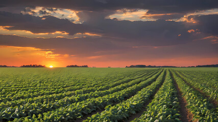 Fototapeta na wymiar Soybean field at sunset