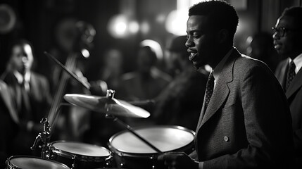 3. Jazz Jam Session: A jazz drummer immersed in a lively jam session, their drum kit surrounded by fellow musicians, with dynamic lighting casting dramatic shadows and highlighting