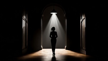 person in the darkness, darkened room with a single spotlight shining on a determined entrepreneur's silhouette