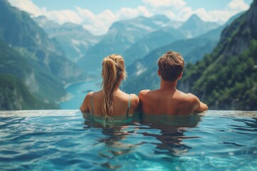 Man and woman sitting in a pool. Generative AI