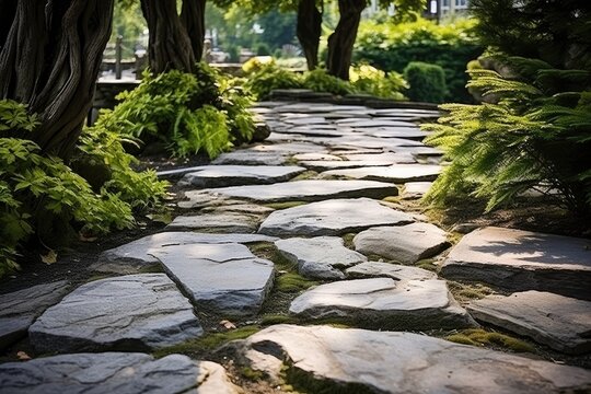 Stone Pathway: Focus on the decor along a stone pathway.