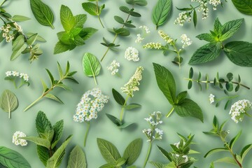 seamless vector illustration of green herbs like peppermint and white flowers on baby green background