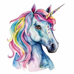 Watercolor painting of a unicorn portrait with a rainbow mane isolated on white background