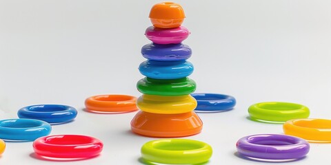 Colorful Plastic Stacking Rings Toy on White Background