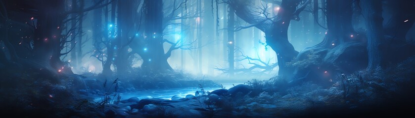 Mysterious forest bathed in ethereal blue light, mist hovering over the ground, fantasy environment - obrazy, fototapety, plakaty