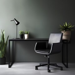 Minimalist workspace with a simple black desk, ergonomic chair, and a single green plant, focus on productivity - obrazy, fototapety, plakaty