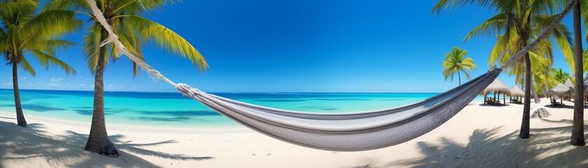 Obraz na płótnie Canvas Panoramic view of a serene beach with crystal clear waters, hammocks, and palm trees, ultimate relaxation travel spot