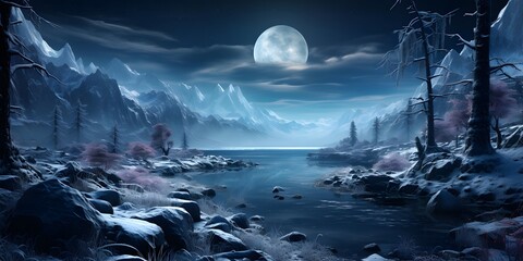 Fantasy landscape with frozen lake and mountains at night. 3D illustration