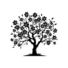 Obraz premium Black Vector Almond Tree Silhouette Amidst the Evening's Embrace, Nature's Elegance Captured- Almond Tree Illustration- Almond tree vector stock.