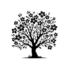 Black Vector Almond Tree Silhouette Amidst the Evening's Embrace, Nature's Elegance Captured- Almond Tree Illustration- Almond tree vector stock.