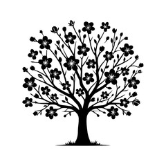 Black Vector Almond Tree Silhouette Amidst the Evening's Embrace, Nature's Elegance Captured- Almond Tree Illustration- Almond tree vector stock.