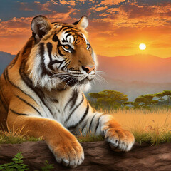 A scene where a tiger relaxes against the backdrop of the scenery on the floor where the sunset is going on