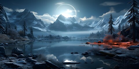 Fantasy landscape with lake and mountains at night. 3D illustration