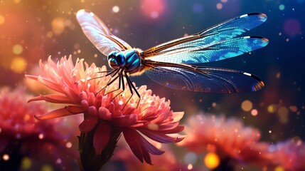Illustration of a delicate dragonfly perched on a vibrant flower bathed in natural sunlight ideal for environmental themes - obrazy, fototapety, plakaty