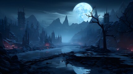 Fantasy landscape with a big full moon over the forest lake. 3d illustration