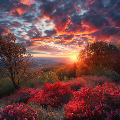 Fototapeta premium A forest bathed in the golden glow of twilight, its lush canopy painted with hues of orange and pink, a serene and enchanting landscape as day transitions into night