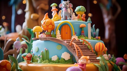 Close-up of a whimsical themed cake with elaborate fondant characters and scenery, on a bright, colorful table.  - obrazy, fototapety, plakaty
