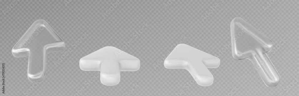 Poster 3d white and transparent cursor arrow icon vector set. click pointer sign for navigation on web site