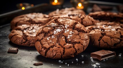 Double chocolate cookies, close-up, with a crackled surface and rich, dark chocolate chunks, on a slate countertop - obrazy, fototapety, plakaty