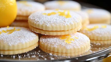 Obraz na płótnie Canvas Lemon shortbread cookies, close-up, with a light dusting of powdered sugar and a bright, citrusy glaze, on a glass plate.