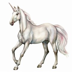 Watercolor painting of a white unicorn isolated on white background