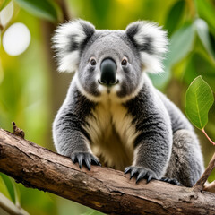 Koala sitting on a tree branch with green leaves in the background