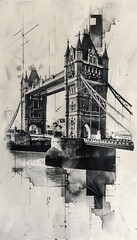 Contemporary style minimalist artwork poster collage illustration of London Bridge grafic style