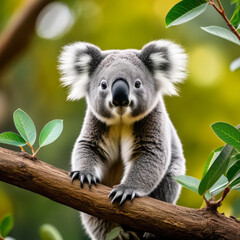 Naklejka premium Koala sitting on a tree branch with green leaves in the background