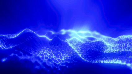 Blue energy magic digital high tech waves with light rays lines and energy particles. Abstract background