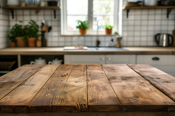 Wood table top on blur kitchen counter (room)background.