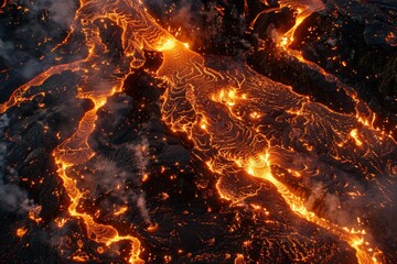 Hot molten lava streaming volcano eruption stream hot boiling magma venus other planet surface destruction flowing fire flame heat danger glowing cosmic