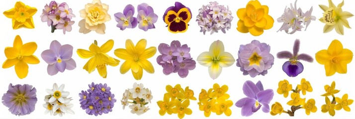 Obraz premium A vibrant selection of meadow flowers isolated on a white background. This image showcases colorful and diverse flora, perfect for botanical themes.