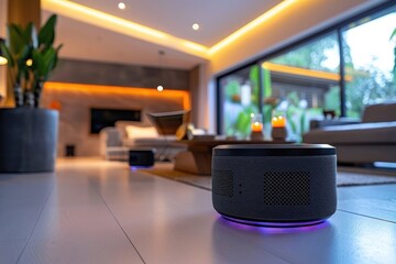 Modern home with smart speakers lights and thermostat all connected and controlled through a single device, Smart Home and automation concept.