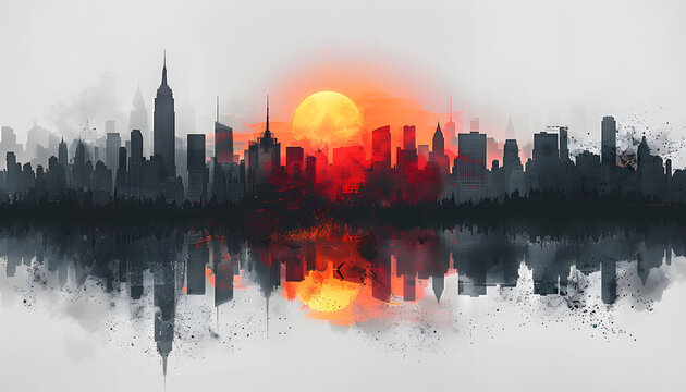 Contemporary style minimalist artwork poster collage illustration of NY city b&w grafic style