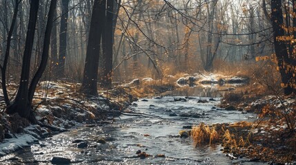 Forest landscape near a river on a crisp winter day