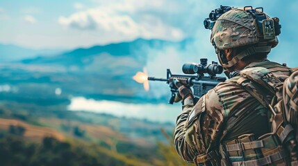 Fototapeta premium Soldier with prosthetic arm practicing shooting at range with panoramic view for training
