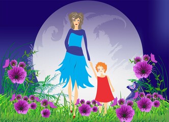 composition with mother and daughter on the background of the moon