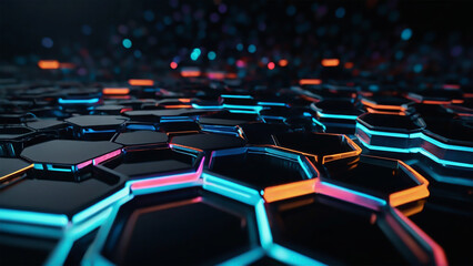 Perfect futuristic black hexagon background design. Futuristic honeycomb concept. Light cyberpunk, ai Generative