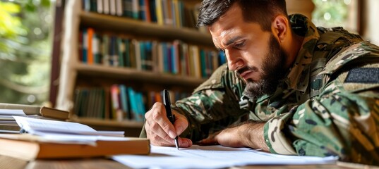 Disabled soldier with artificial arm writing report surrounded by books and documents