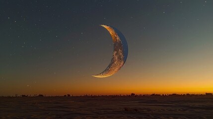 Obraz na płótnie Canvas A minimalist portrayal of the crescent moon and star, traditional symbols of Islam, against a backdrop of a tranquil night sky on the eve of Eid al-Adha.
