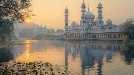 Fototapeta premium A tranquil depiction of a peaceful river flowing gently past a mosque's courtyard at dusk.