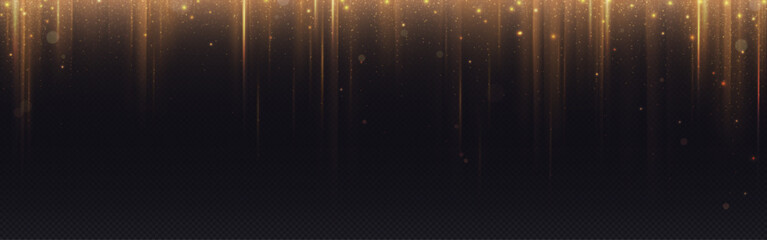 Vertical gold flare on black background. Abstract bg with golden glow sparkles and light pass from top down. Realistic vector illustration of border with bright mystery ray or star trail with glitter.